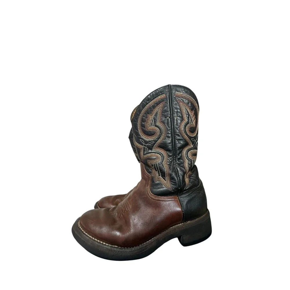 Vintage Roper Mens Brown Leather Cowboy Pull On Boots Size 8 Embroidered Spain